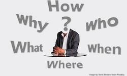 question mark as a head on top of a man body. why, how,who,when,what and where write around it.
