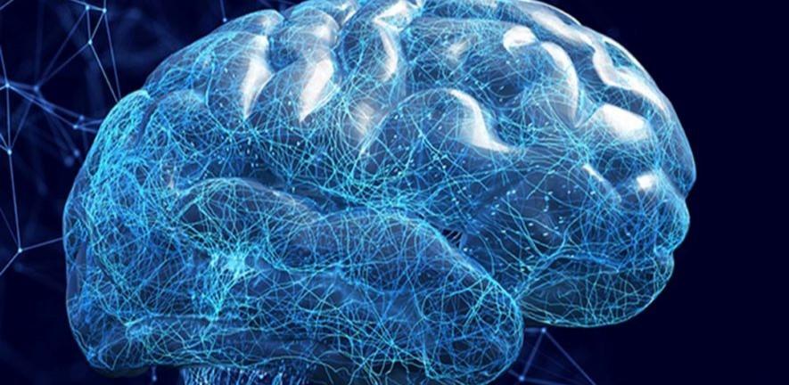 Graphic of a brain full of connections lit up in blue.