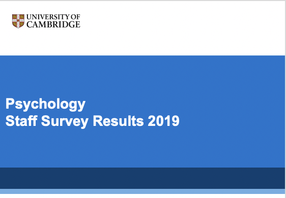 blue background with university logo and writing "Psychology Staff Survey Feedback, 2019"
