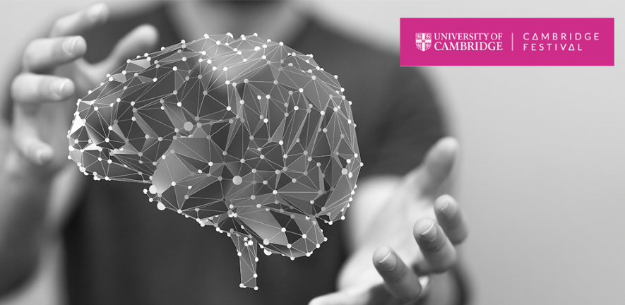 Graphic of a networked brain floating between a person's hands. The University of Cambridge and Cambridge Festival logo is in the top right corner.